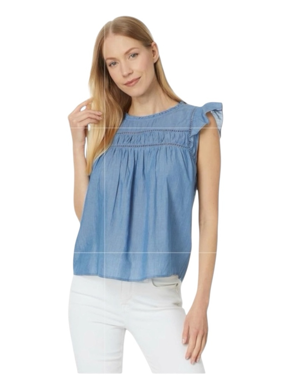 LIVERPOOL LOS ANGELES Blue Flutter Sleeve Ruffled Blouse, Sizes M & L.
